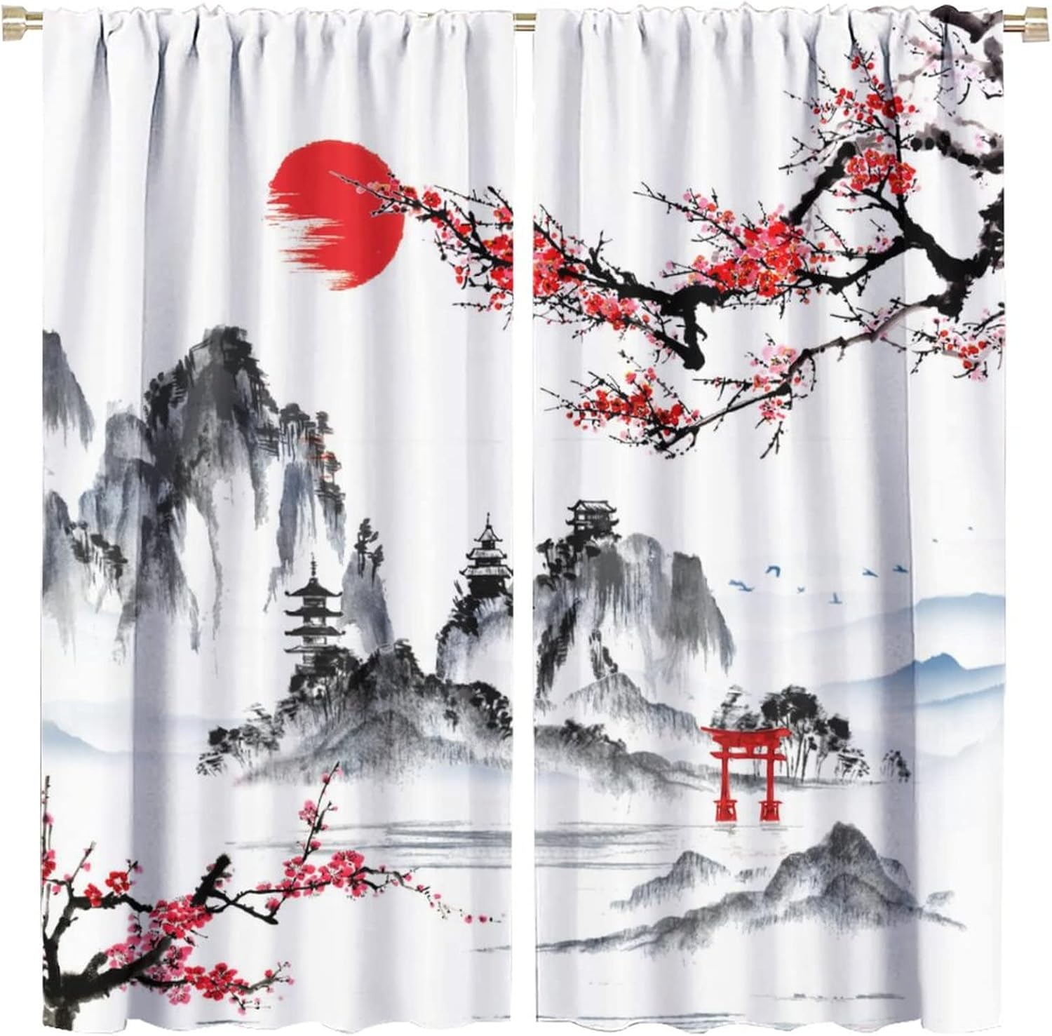 Vintage Watercolor Japanese Style Rod Pocket Blackout Curtains for Living Room,Room Darkening Abstract Ink Japan Landscape Torii Gate Window Drapes,2 Panels 45L x 21W