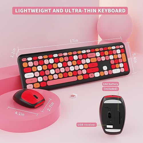 Vista 37 de Combo de teclado y mouse inalámbricos, colorido teclado ergonómico de tamaño completo con diseño retro, silencioso, con teclas bonitas, compatible
