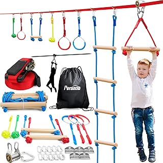 Ninja Warrior Obstacle Course for Kids with Zipline Slide，60ft Ninja Slackline-with 8 Pcs Accessories,Tree Protector & Carry Bag Ninja Course for Kids Outside