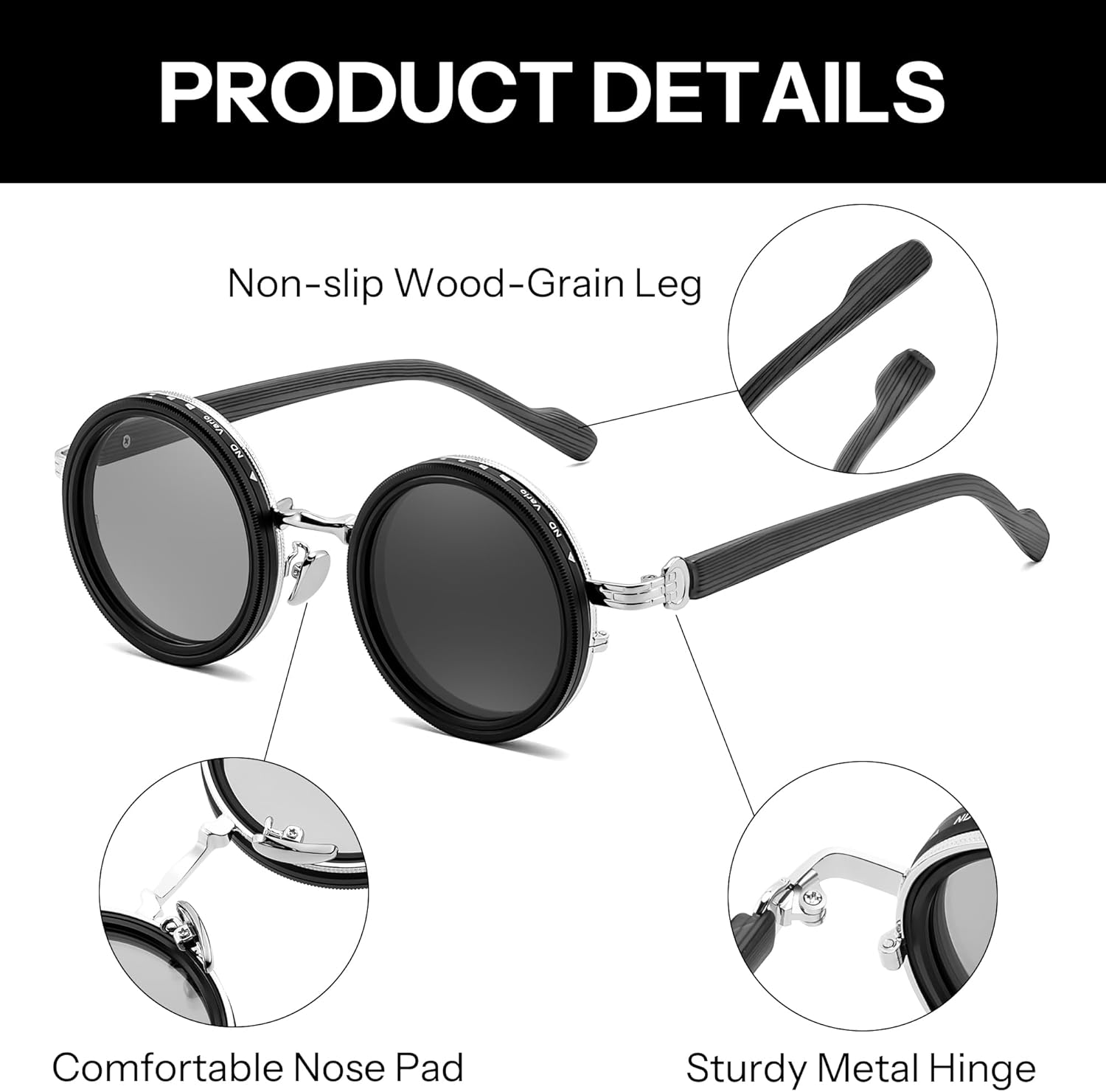 FEISEDY Adjustable Polarized Sunglasses,1-9 Gear Manual Dimming,Wood-Grain Temples,Steampunk Round ND TAC Lenses UV400 B0380