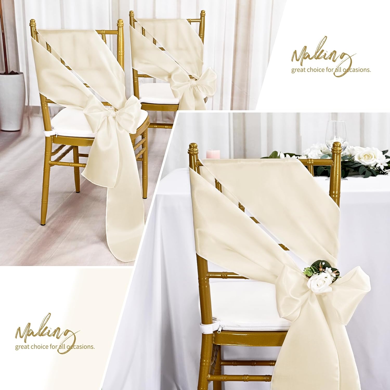 Showgeous 120 PCS Ivory Satin Chair Sashes Bows Decoration Chair Cover Chair Sash Ties for Banquet Party Baby Shower Event Decorations (Ivory, 7 x 108 inch)