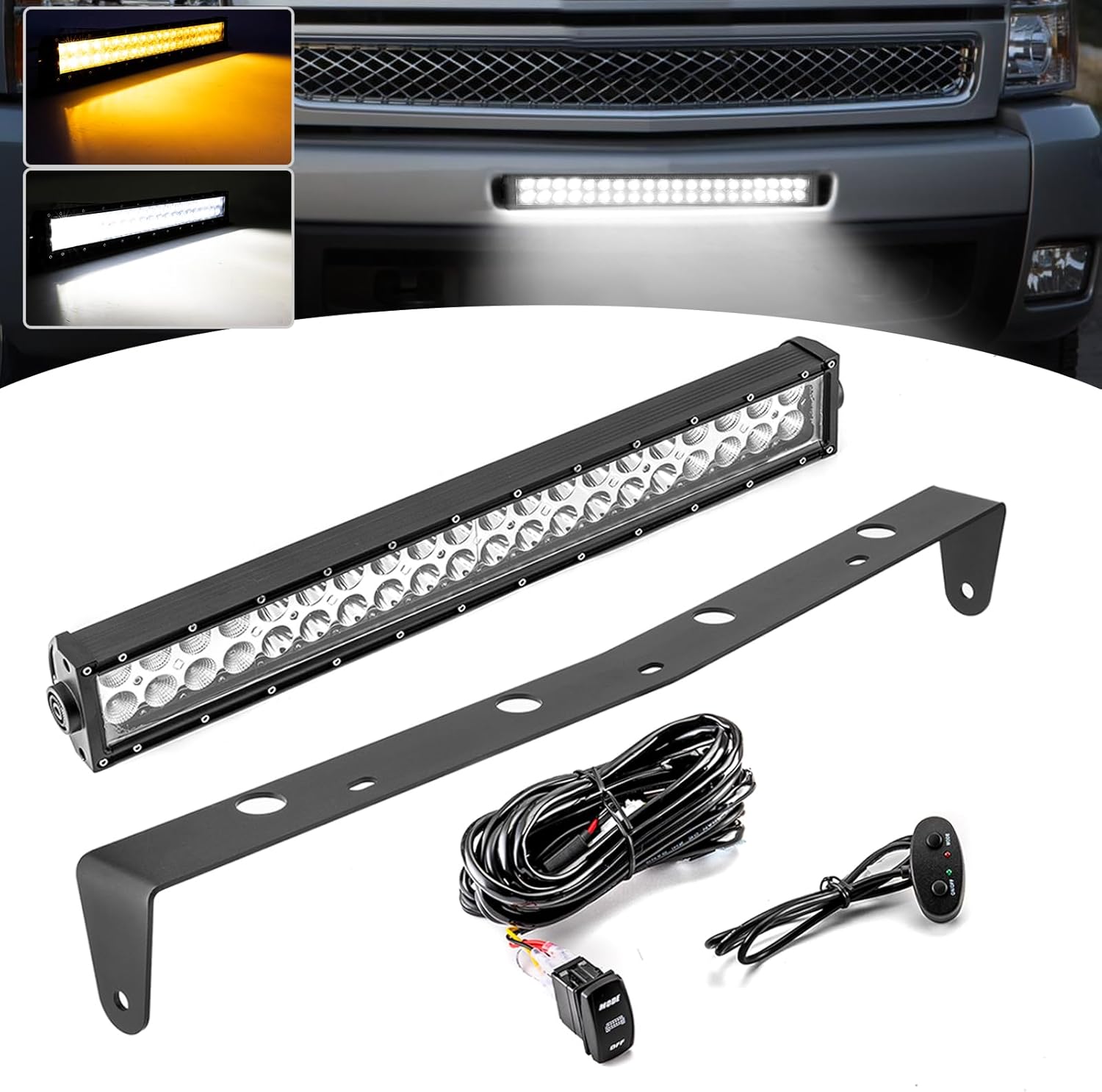 Wsays 22 inch 120W LED Amber/White Strobe Dual Rows Straight Light Bar with Wiring Harness Kit & Front Hidden Bumper Mounting Brackets Compatible with Chevy Silverado 1500 2500 3500 HD 2007-2013