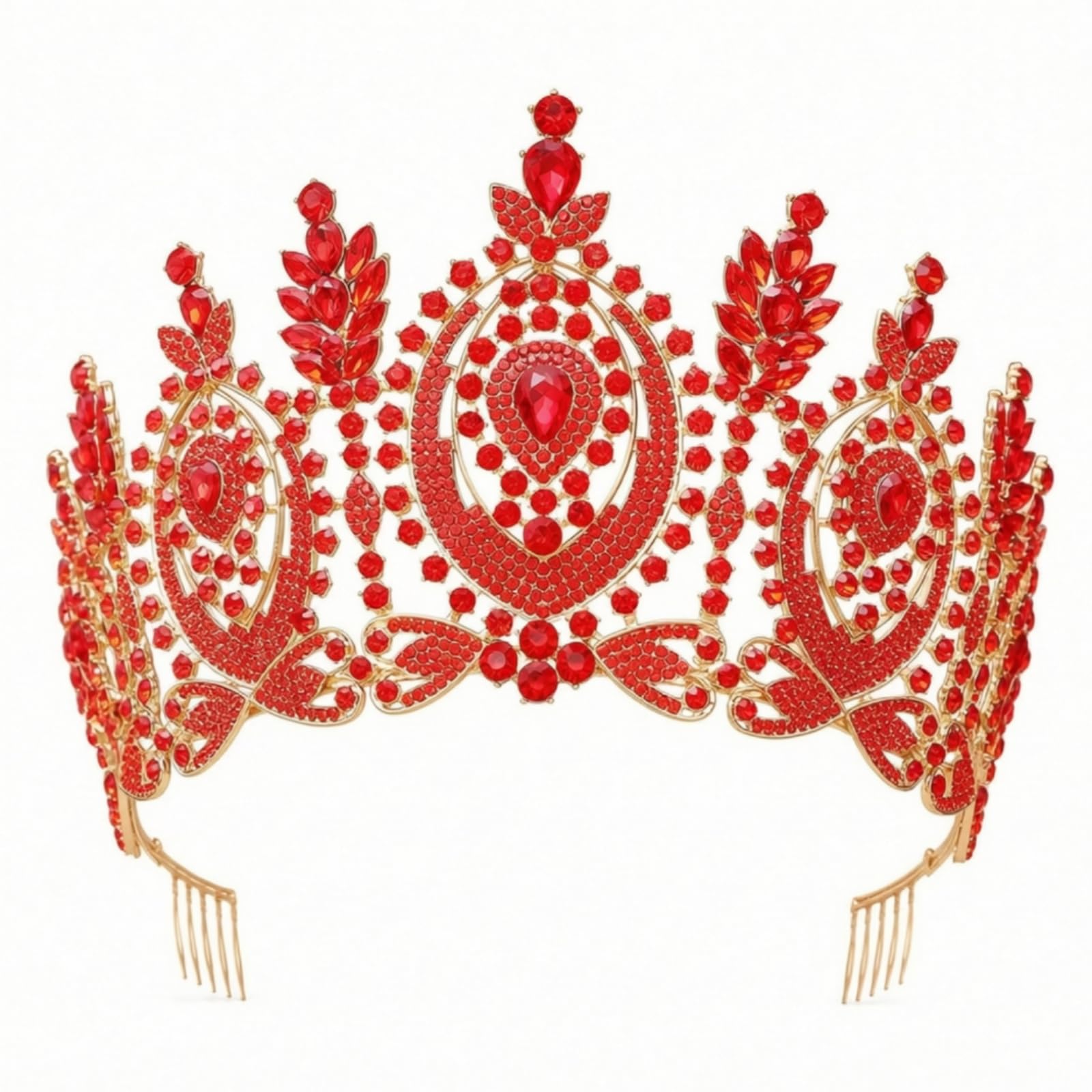 Corona Novia Brillant Ornamental Llamativa Adorno Cabello para Quinceañeras, KC Oro + Diamantes Rojos Completos + Peine