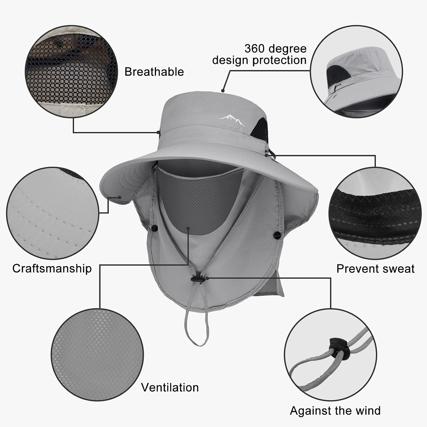 Men's Quick Dry Packable Bucket Hat with Neck Flap Uv Protection UPF 50+ Sun Hat Wide Brim Boonie Hat with Chin Strap