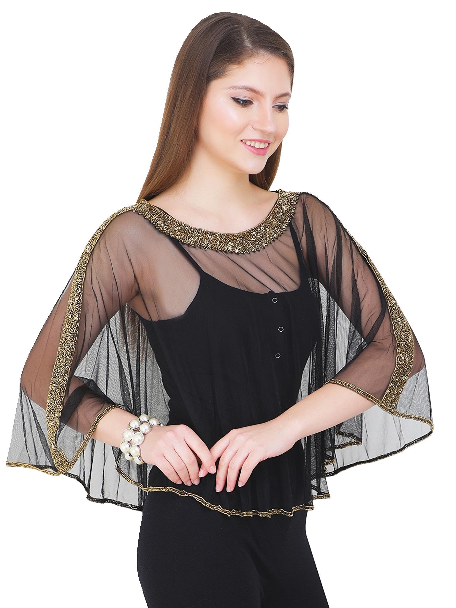 Luxury Outfit High-Class Beaded Embroidery Net Poncho Shrug Top Style Free Size M L XL XXL Wedding & Clubwear Top for Sarees & Dresses Cover Up Sytyle Beach Wear-image-27