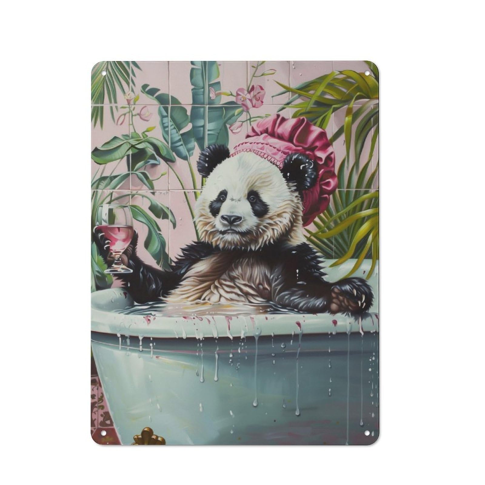 Junmoney Cute Panda Bath Wine Glass Rustic Metal Plaque 40X30cm For Guest Room Or Hallway, A Decorative Metal Sign For Guest Rooms And Hallways