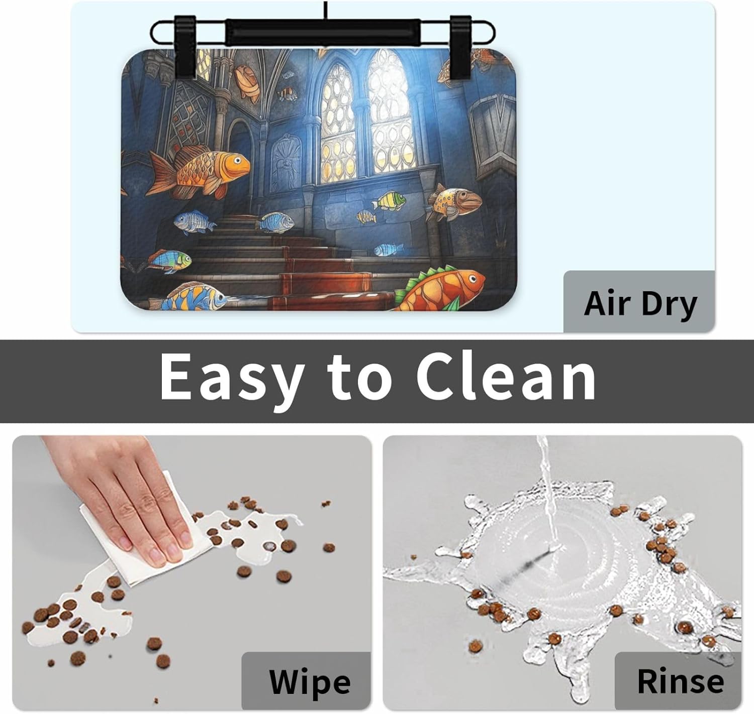 Underwater Temple and Fish Pet Feeding Mat Dog Cat Eating Food Absorbent Leather Tablecloth for and Water Bowl Waterproof No Stains Quick Dry Non-Slip 23.62 * 15.75IN