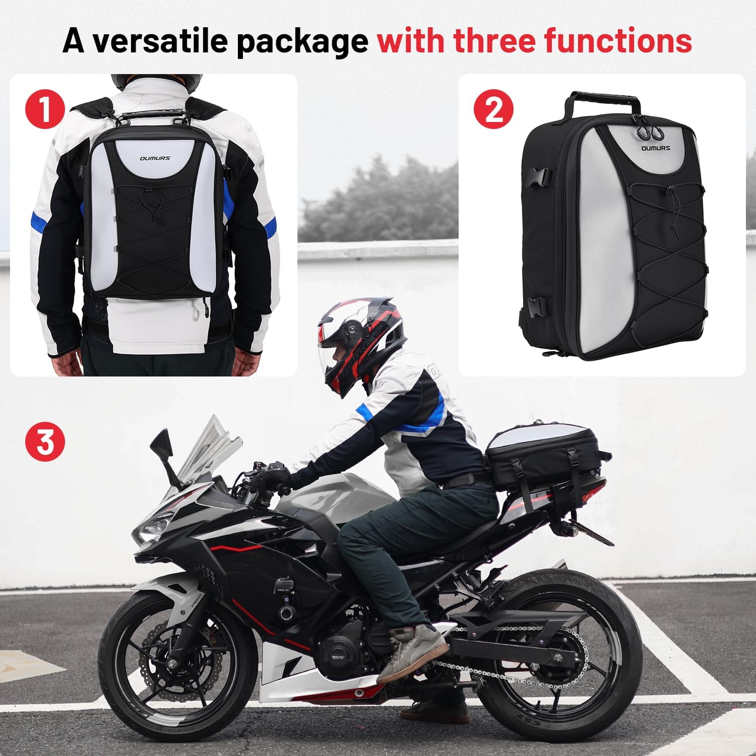 Reflective Motorcycles Tail Bag, 600D RPET Motorcycle Bags 22L-34L Expandable Motorcycle Rear Seat Bags with Rain Cover,Motorbike Helmet Bags Luggage Storage Backpack for Motorcycles Sportbike