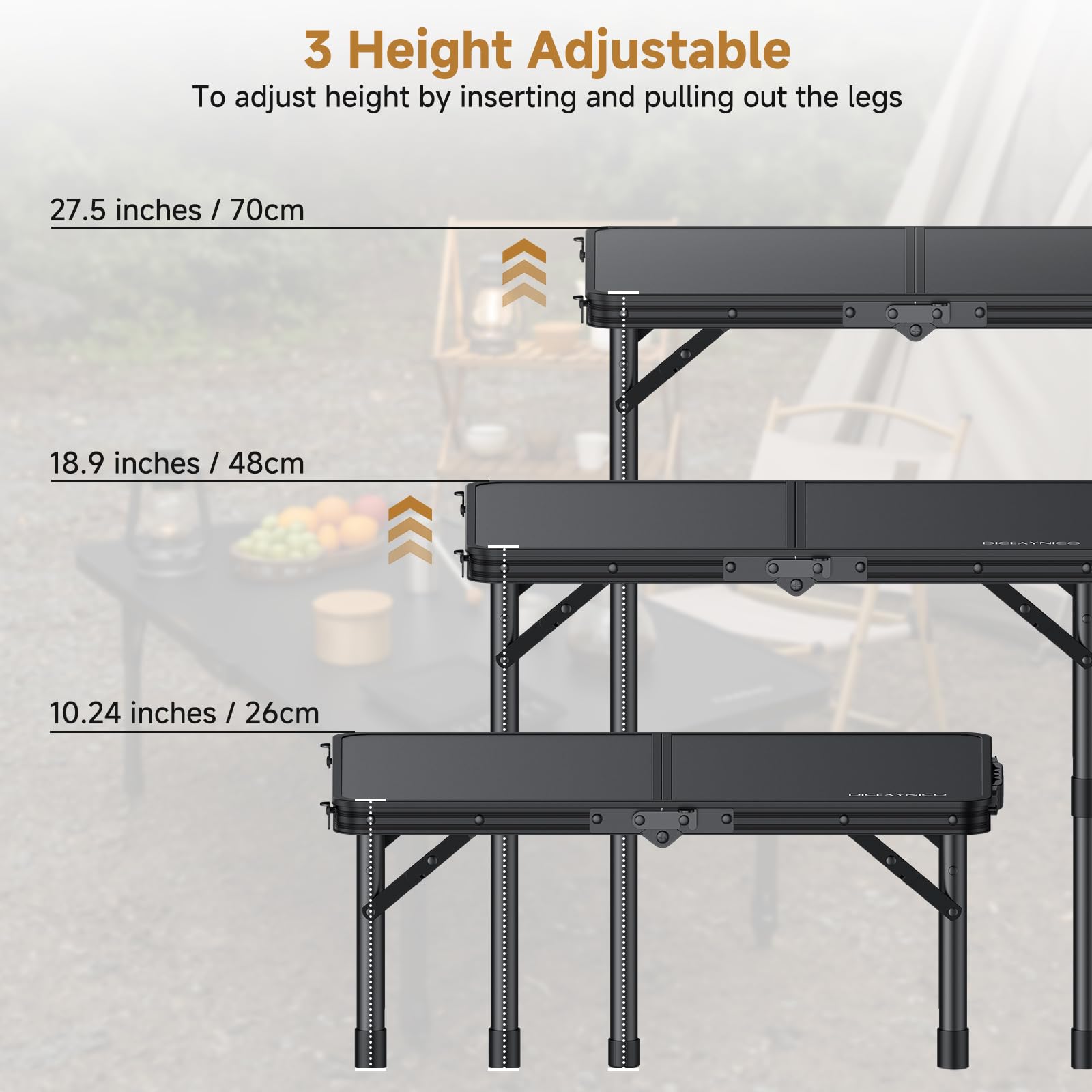 Tavolo da Campeggio Pieghevole, 55,9x38,1 cm, 3 Altezze | Piano MDF nero a 2 pieghe, maniglia integrata, altezza max 69,9 cm, per picnic, pranzo, giardino, patio e feste
