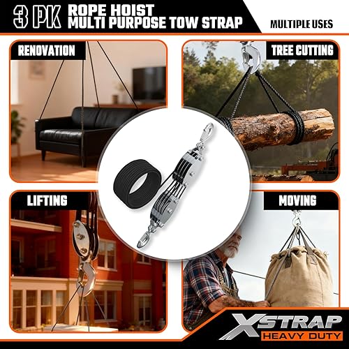 Miniatura 9 de XSTRAP - Polipasto para cuerda de 50 pies, 2,000 libras de resistencia a la rotura, para trabajos pesados Negro de 65 pies con eslinga de elevación
