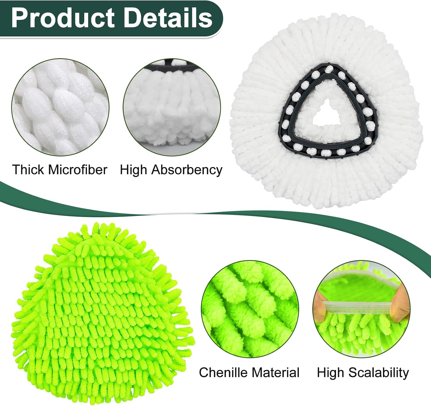 Mop Head Replacement for O Cedar, Spin Mop Replacement Head for Ocedar Easywring 1 Tank System, Mop Heads Includeds 3 Mop Replacement Heads, 2 Spin Scrub Brush, 1 Base & 1 Chenille Pad