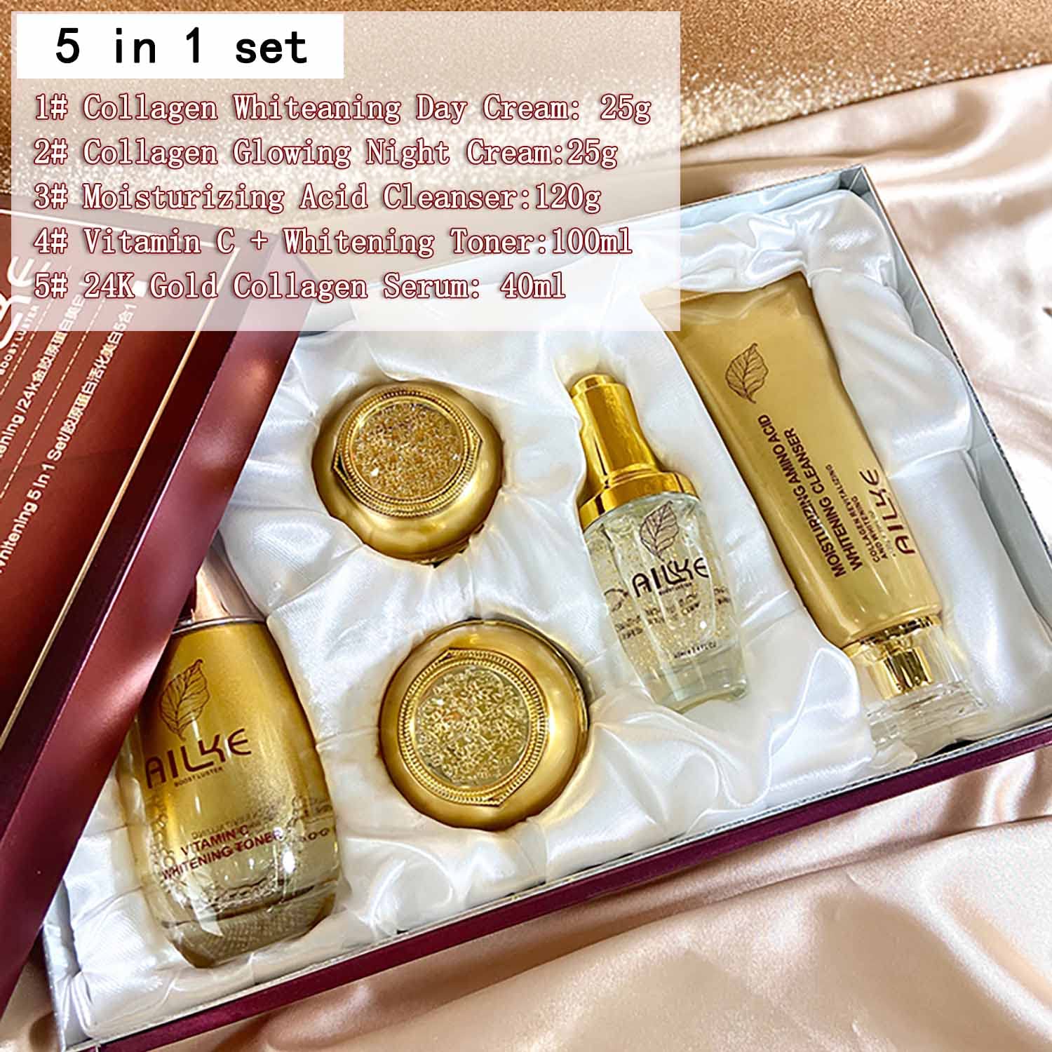 Sbiancante al collagene di qualità superiore, crema antimacchie scure, antimacchie, antimacchie, kit 5 in 1 con detergente per il viso, toner, sem, crema giorno e notte