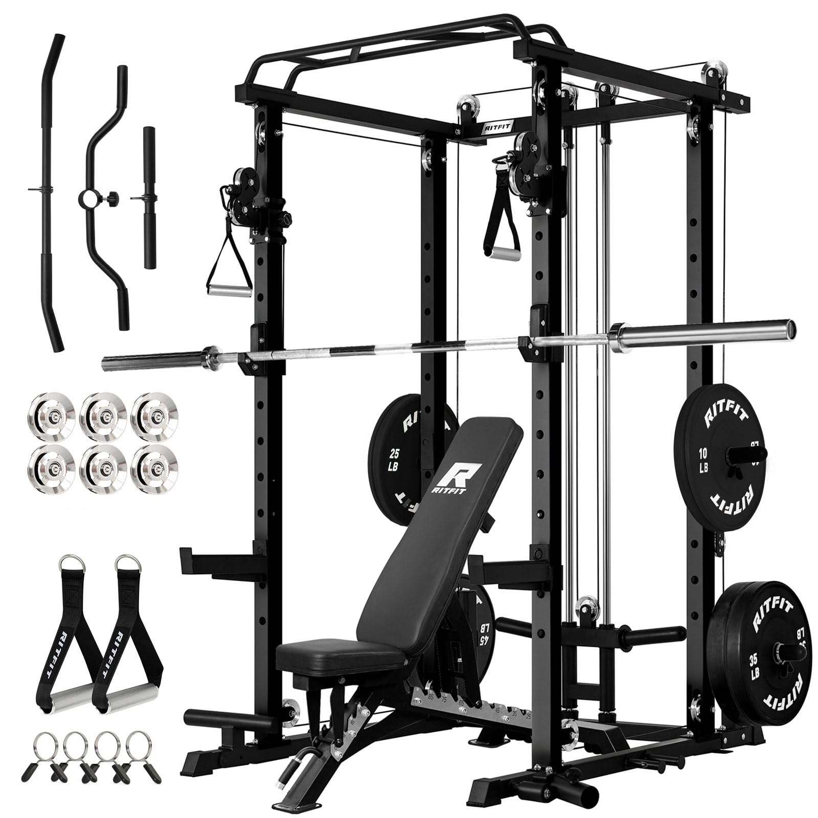 RitFit Multi-Function Squat Rack Power Cage PPC-P3 with Cable Crossover System, 1200LBS Capacity Power Rack and Packages with Optional Weight Bench, Barbell Weight Set, for Garage Workout & Home Gym