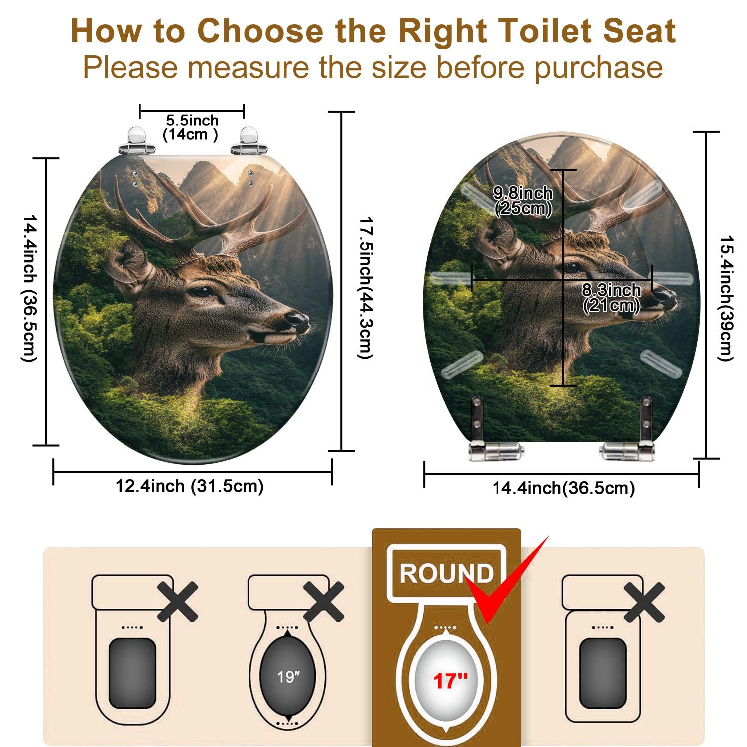 Asiento de inodoro redondo decorativo con bisagras de cierre suave y liberación rápida para baño.