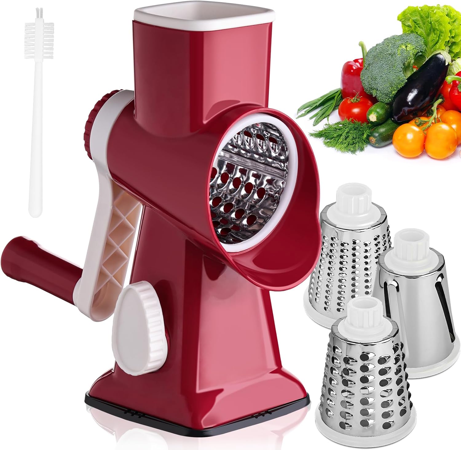 HANSGO Rallador giratorio de queso, triturador de queso de manivela, 3 cuchillas de metal y cepillo de limpieza, base de succión antideslizante,