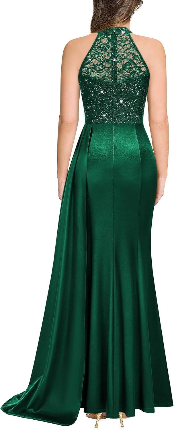Miusol Women's Sexy Halter Sequin Lace Satin High Split Ruched Style Evening Party Maxi Dress - Image 2