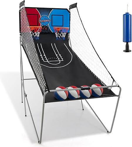 Miniatura 9 de Giantex Juego de arcade de baloncesto plegable, juego de arcade de baloncesto electrónico de doble disparo con 8 modos de juego, 4 bolas, 2 aros,