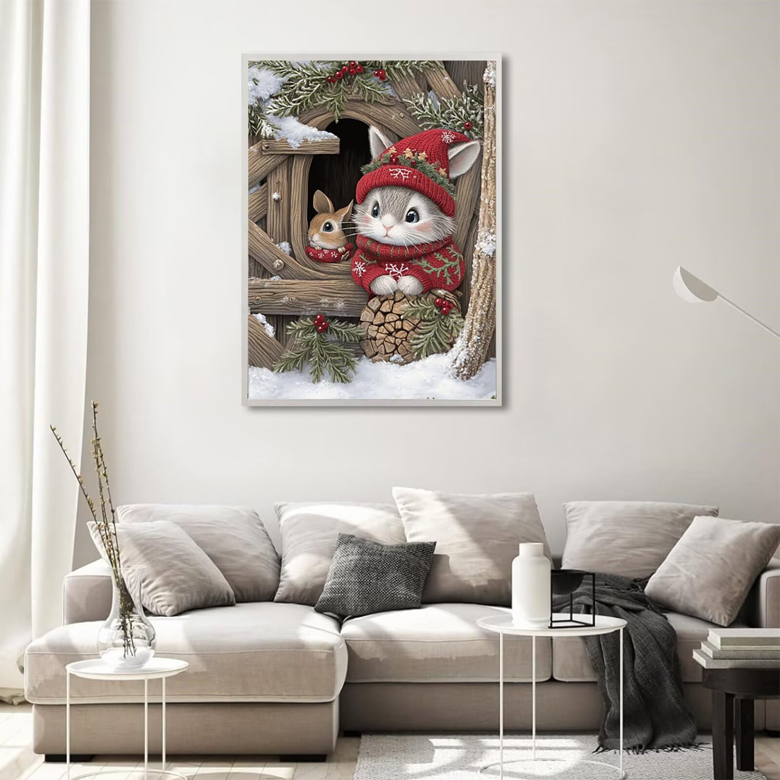 Diamond Painting Winter, Kaninchen Diamond Painting Erwachsene 5D Runder Full Drill Diamond-painting, DIY Kreuzstich Bastelset Kreativ Set für Erwachsene, Crystal Art Home Wand Dekor, 60x80cm,Model757