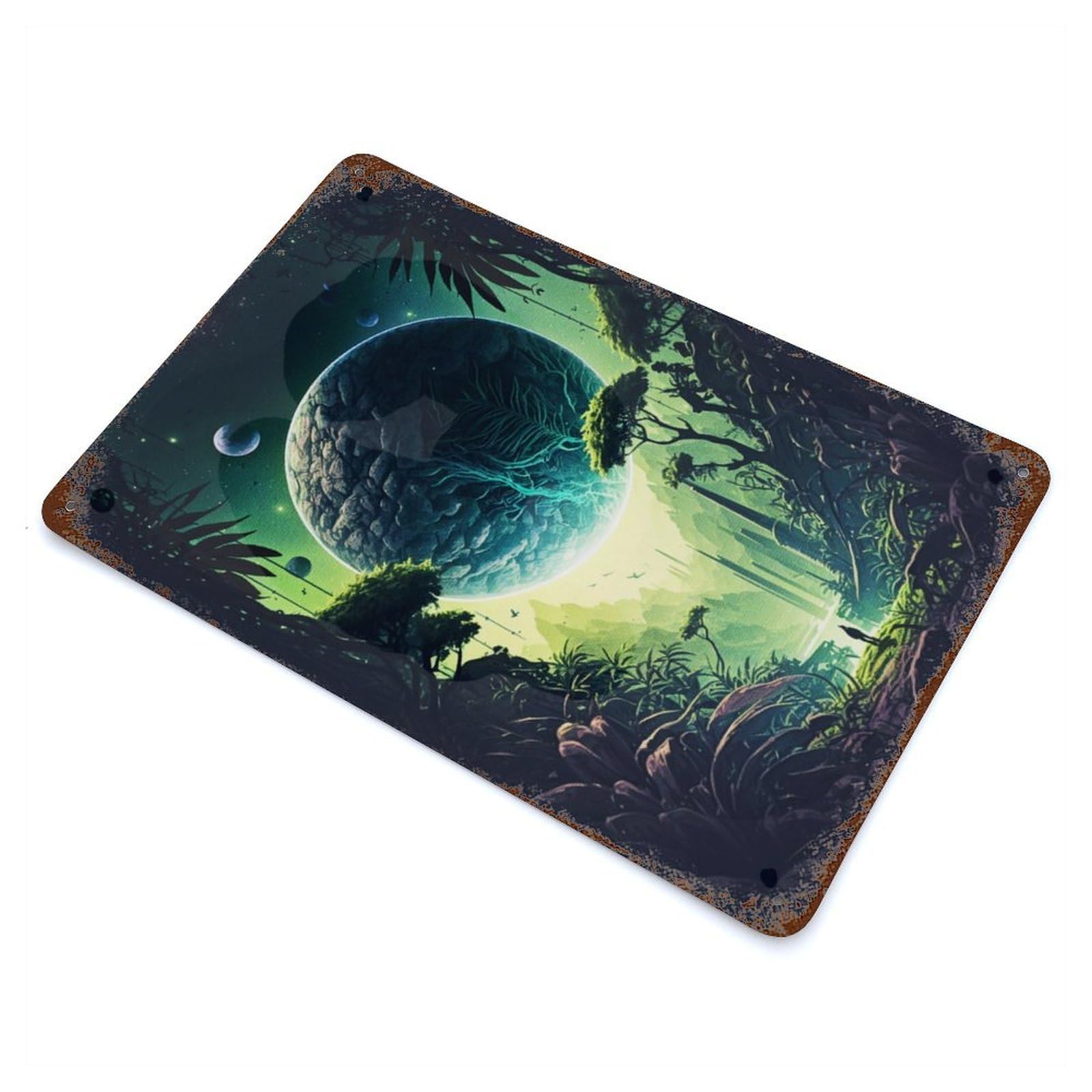 Space Mystic Forest Aged Metal Wall Plaque 11.8"x7.9", Industrial Home Decor for Pub, Kitchen And Man Cave Decor