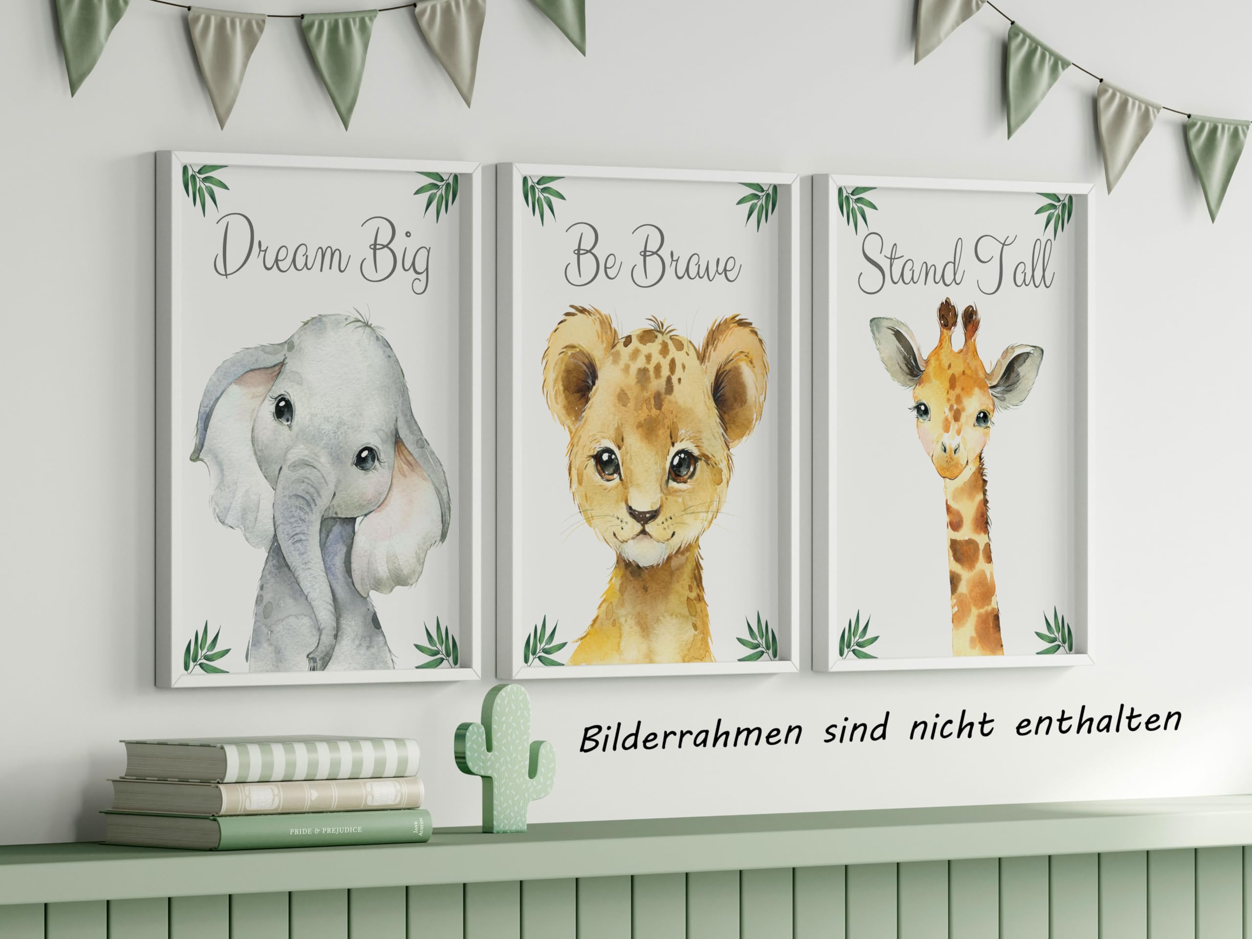 Eviepops Prints Set aus 3 Safaritieren für Kinderzimmer von Jungen und Mädchen, Ungerahmter Druck, Schlafzimmerdekor, Dschungeldekoration, Dekor im Babyzimmer, elefant giraffe löwe, Dream Big (A3)