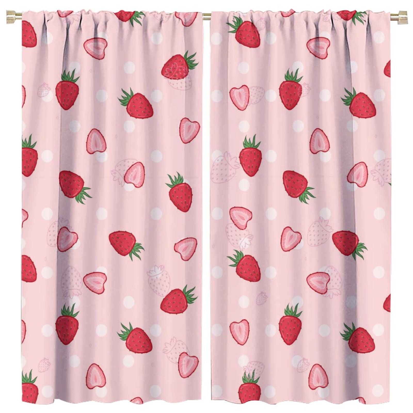 INSFBRB Pink Red Strawberry Rod Pocket Blackout Curtains for Living Room,Insulated Girls Cartoon Cute Fruit Strawberry Print Bedroom Curtains,2 Panels 45L x 21W