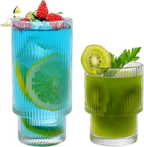 Naeety Juego de 2 vasos para beber, vasos de vidrio acanalados, vasos altos de 12 onzas y vasos de rocas de 6 onzas, cristalería acanalada vintage,