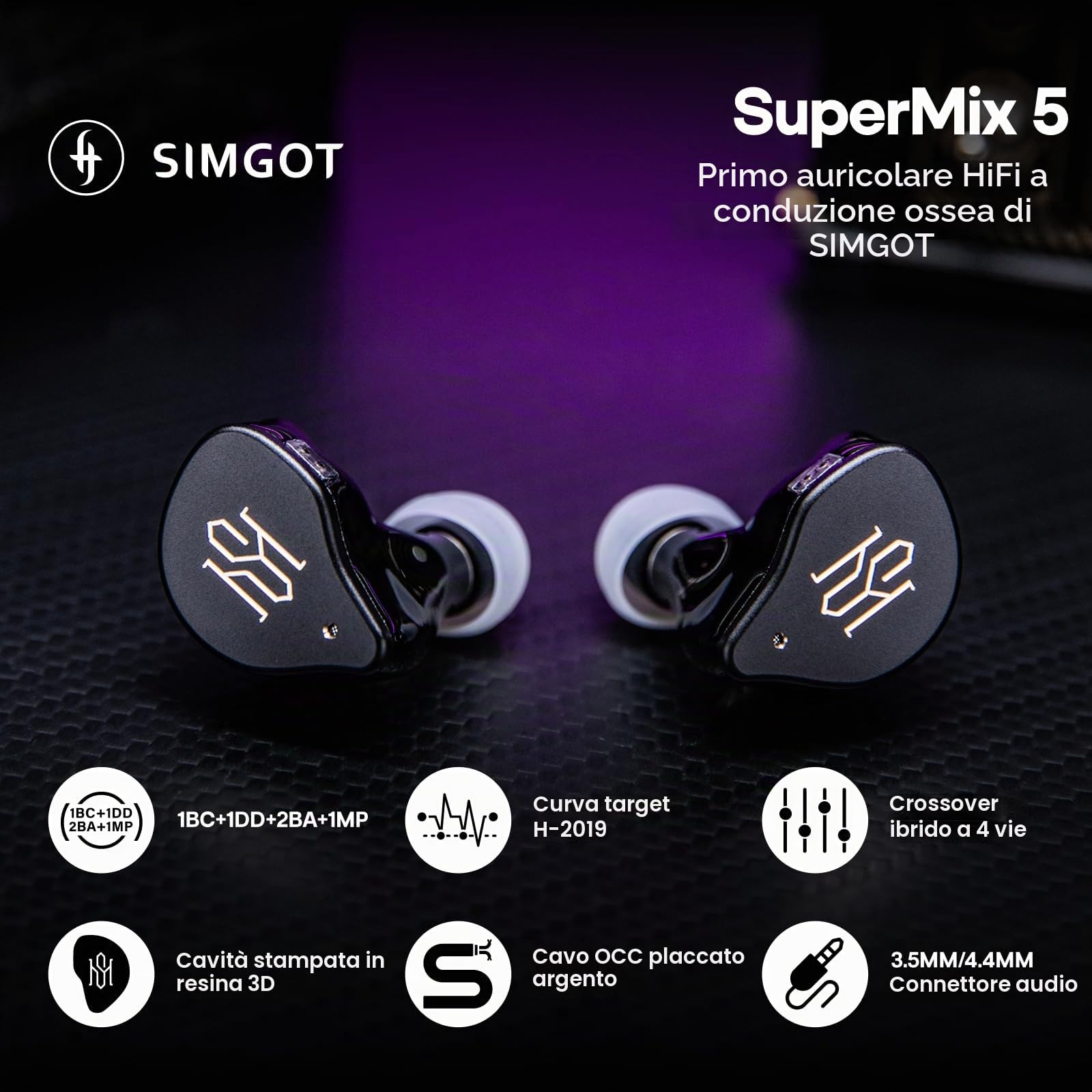 Linsoul SIMGOT SuperMix 5 1BC+1DD+2BA+1MP In Ear Monitor, Cuffie HiFi a Conduzione Ossea, Cavo Litz OCC Smontabile Placcato in Argento, Connettore da 3,5 mm/4,4 mm, IEM per Musicisti e Audiofili