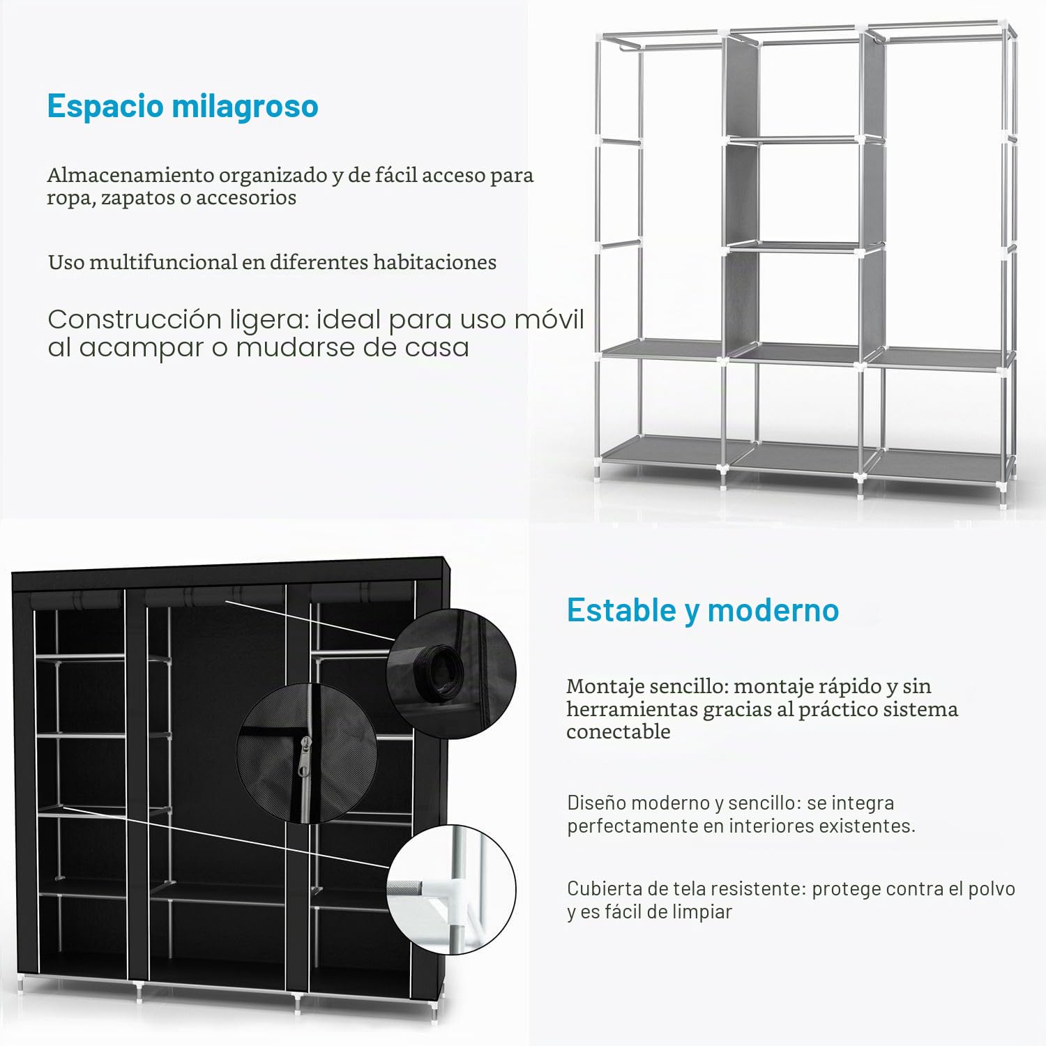 INTIRILIFE Armario Tela Plegable 150x175x45 cm in Negro Cuervo - Guardar Ropa Organizador de Textil Tela Portátil con Cremallera y Barra de Armario per Colgar - Closet Estanteria Exterior
