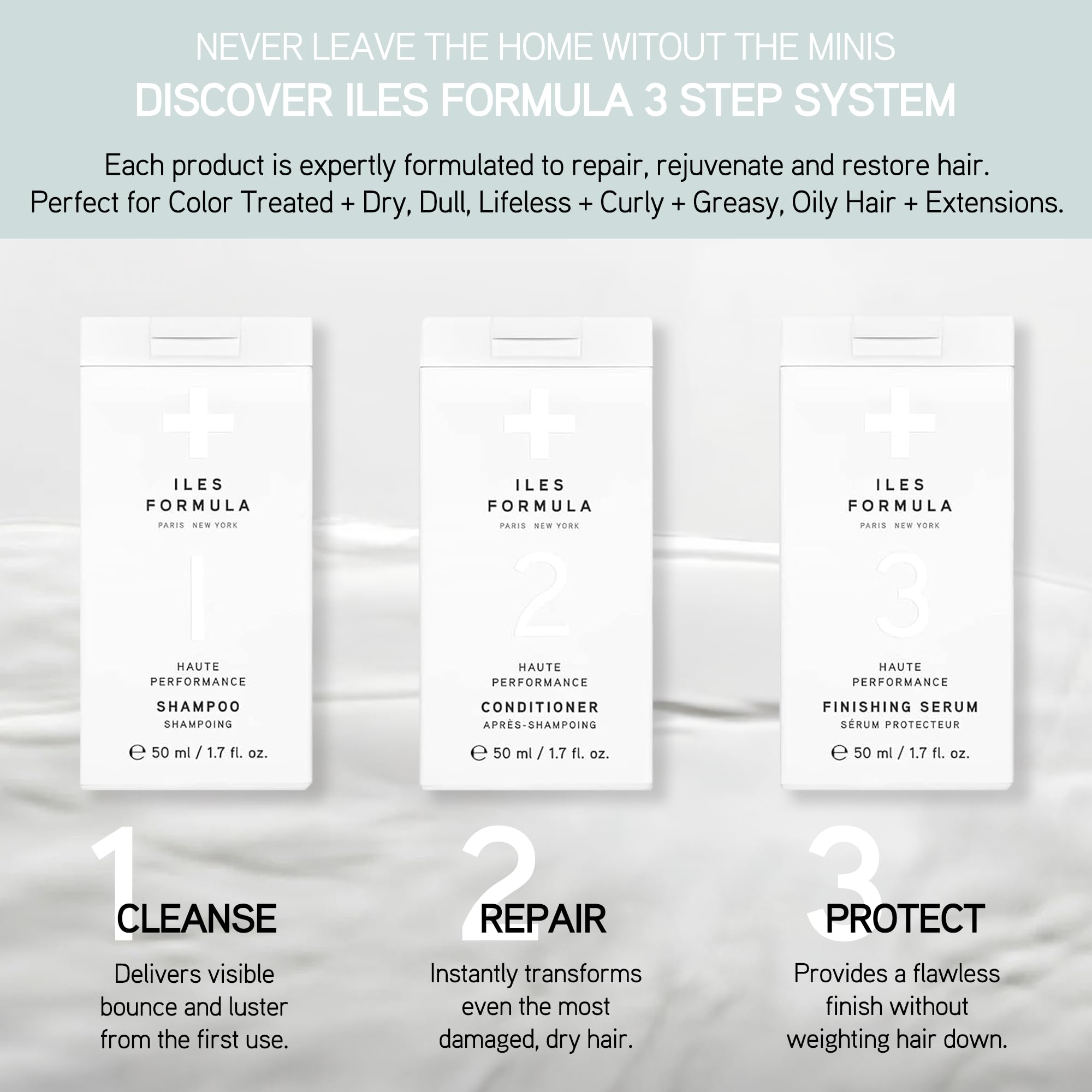 Iles Formula Ensemble mini signature : shampooing, après-shampoing et sérum de finition
