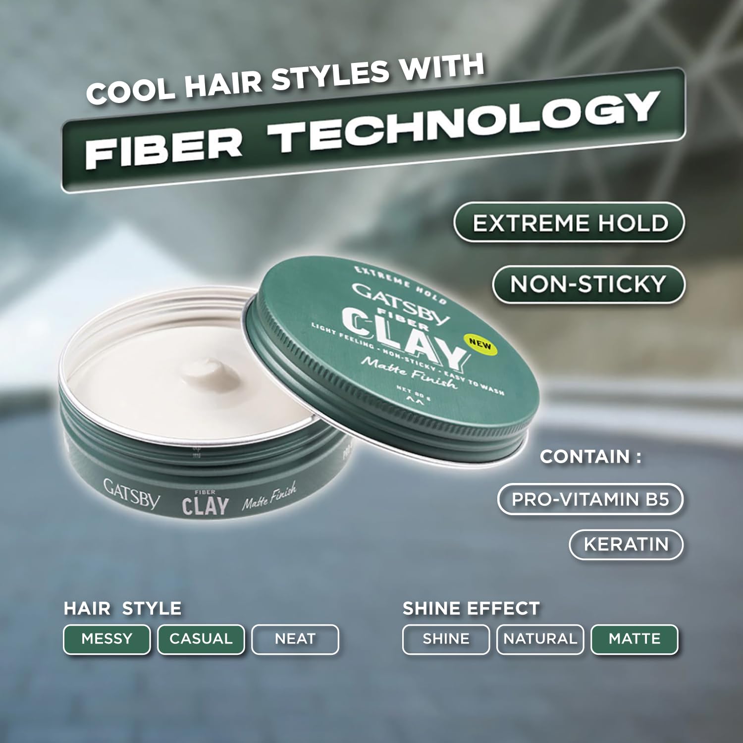 GATSBY Japan's No. 1 Hair Fiber Clay 80g | Matte Finish | Enriched with Pro-Vitamin B5 and Keratin | Volumizing | Strong Hold | Restylable | Easy to Wash Off | Hair Clay for Men 1