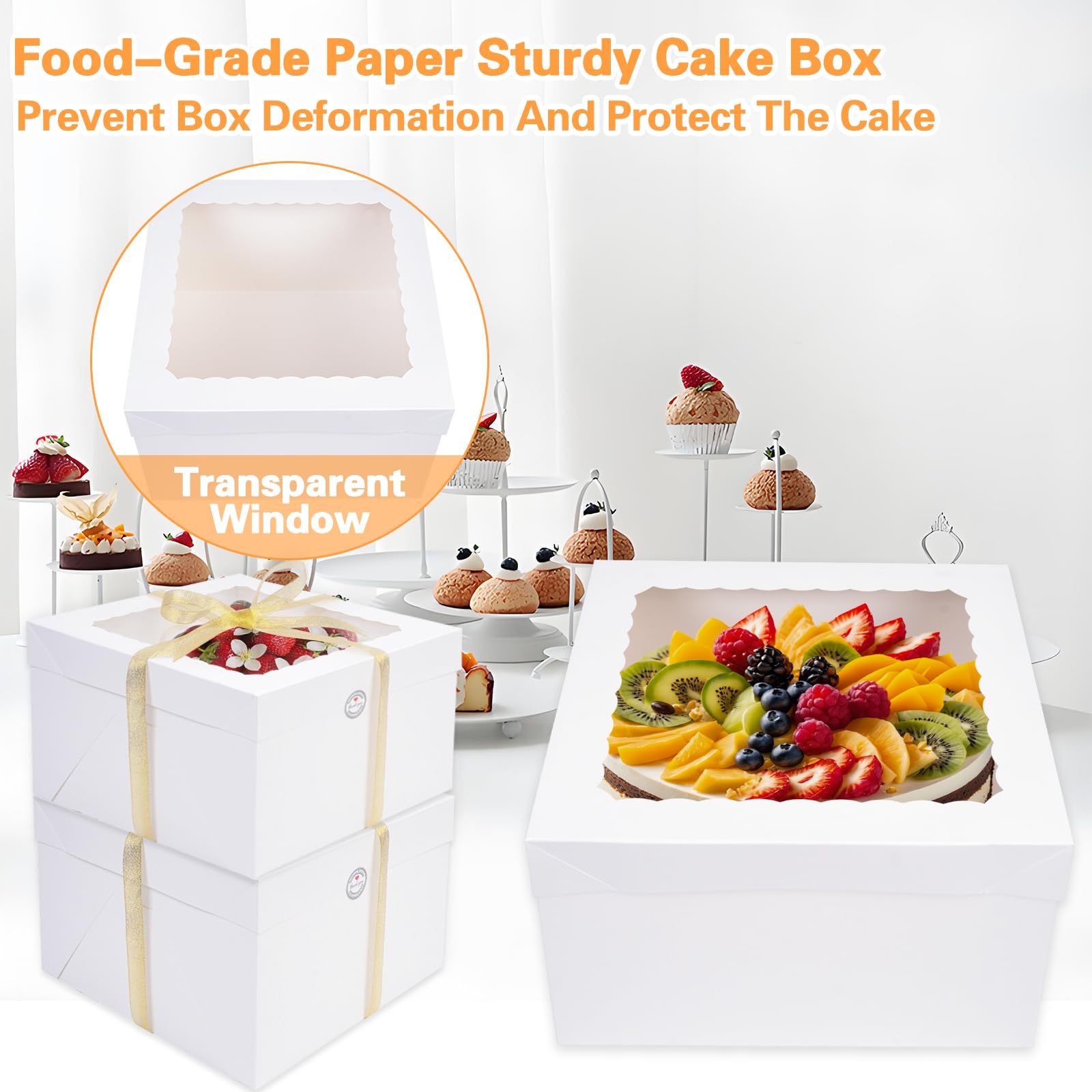 KOMABLEN Scatola per Torta 30,5x30,5x20,3cm, 10 Pezzi Bianche Scatole per Dolci in Cartone, Scatole per Torte con Finestra Vassoi, Porta Torta Cartone con Adesivi e Nastro per L'imballaggio Dessert
