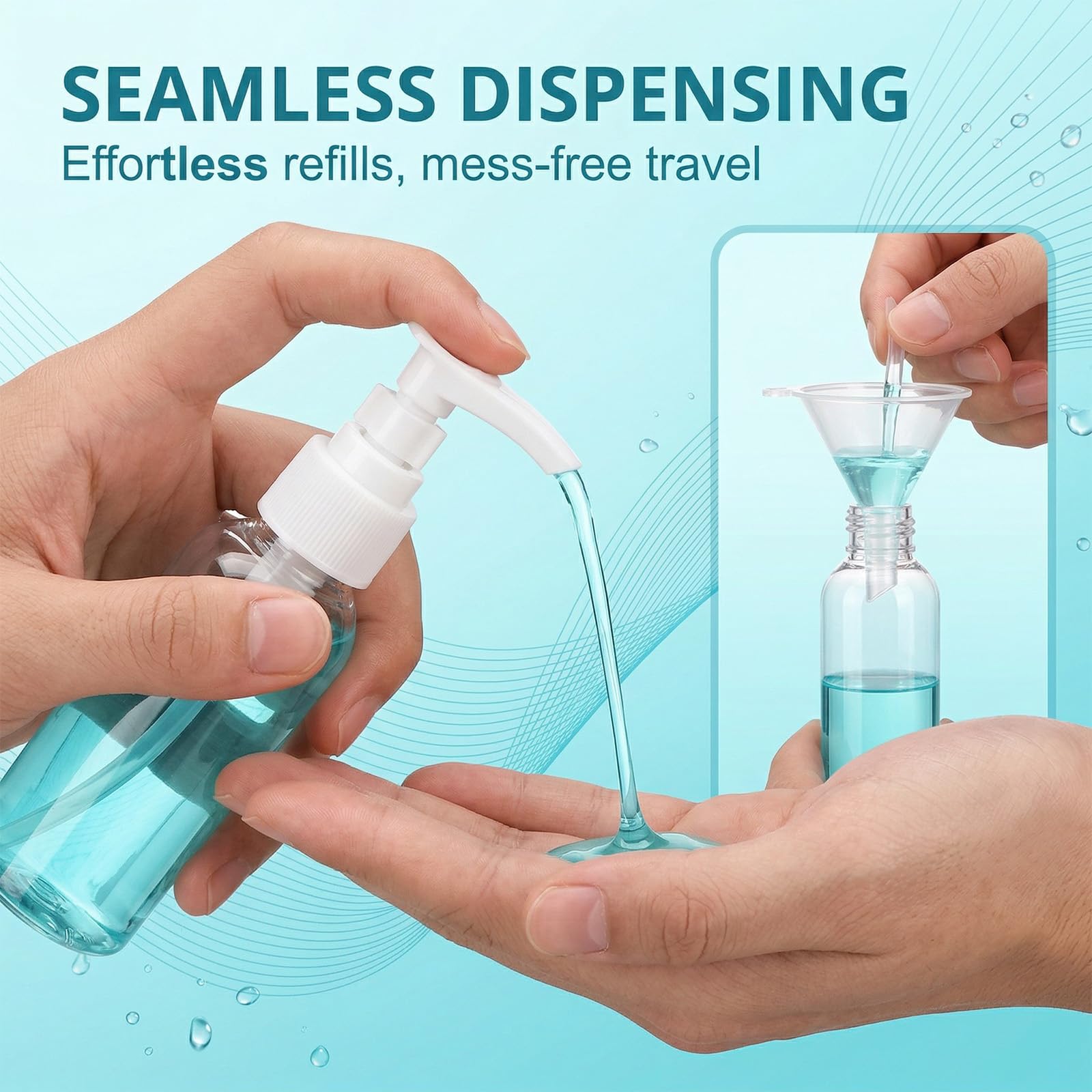 6 Pezzi Distributore a Pompa Airless 50ml, Flacone a Pompa Vuoto in Plastica Trasparente, Distributore di Crema & Sapone, Inclusi 3 Imbuti & 1 Etichetta, Ideali per Cosmetici, Shampoo & Crema