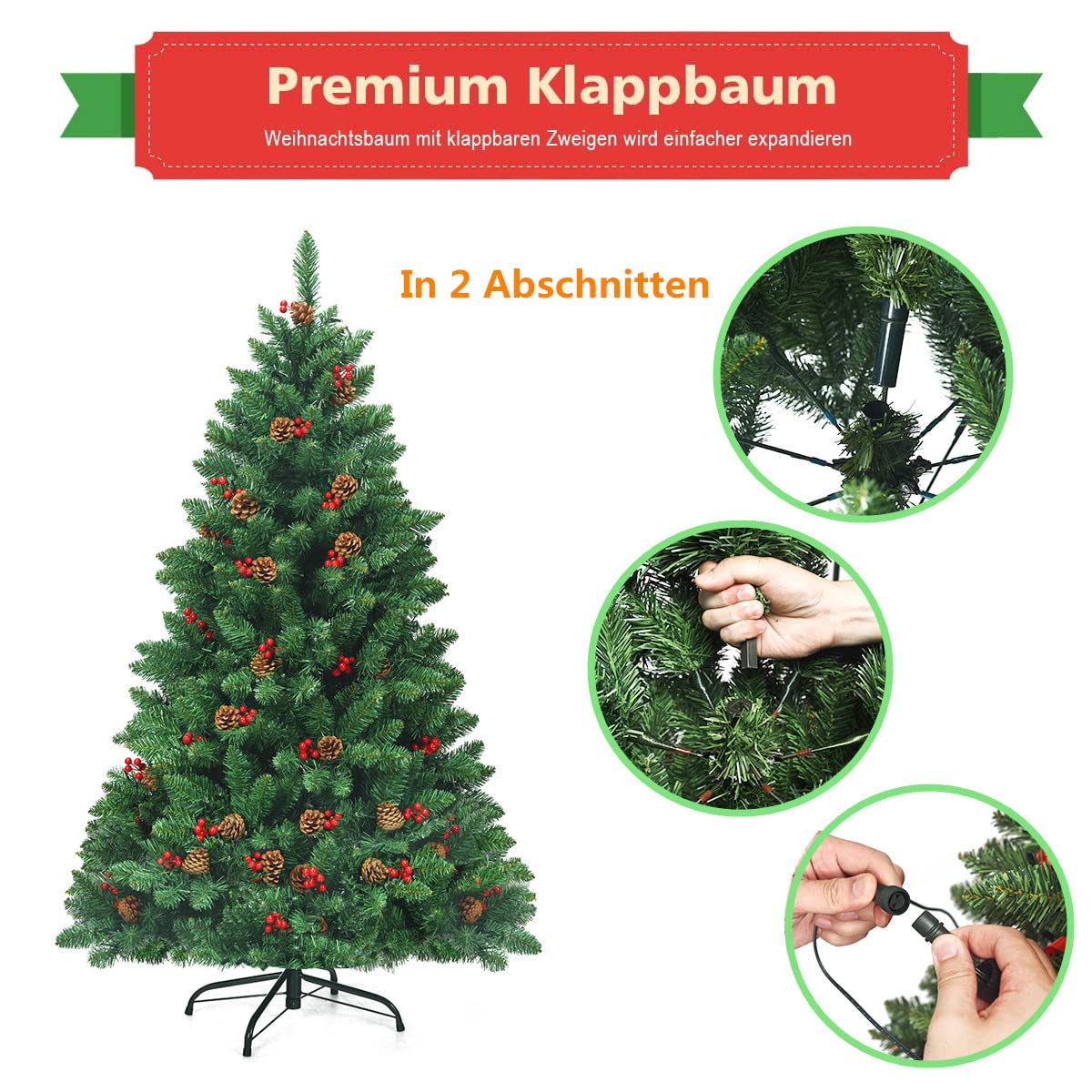RELAX4LIFE 200 cm Künstlicher Weihnachtsbaum mit Beleuchtung, Tannenbaum mit 450 warmweißen LED-Lichtern & Tannenzapfen & rote Beeren, Schnellaufbau Klappsystem, Christbaum für Zuhause & Büro, Grün