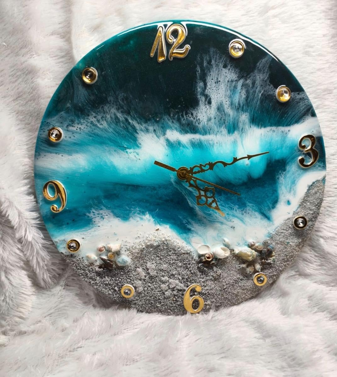 Handcrafted Resin Ocean Wave Wall Clock, Teal Blue, Round, with Seashells and Gold Numerals, Nautical Beach Theme-image-15