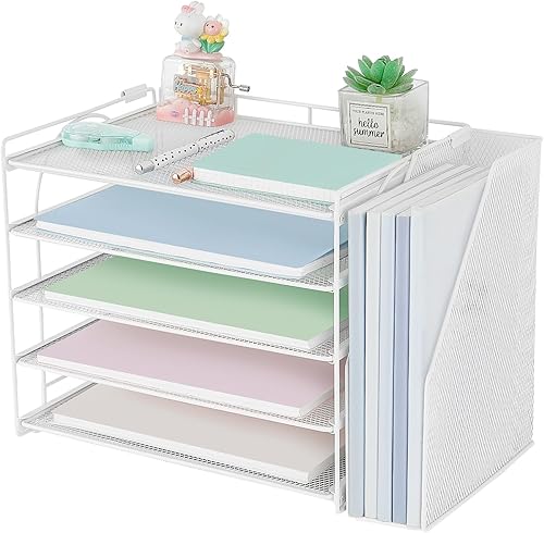 AUPSEN Organizadores y accesorios de escritorio blancos, organizador de papel con bandeja de letras de 5 niveles con soporte ajustable para