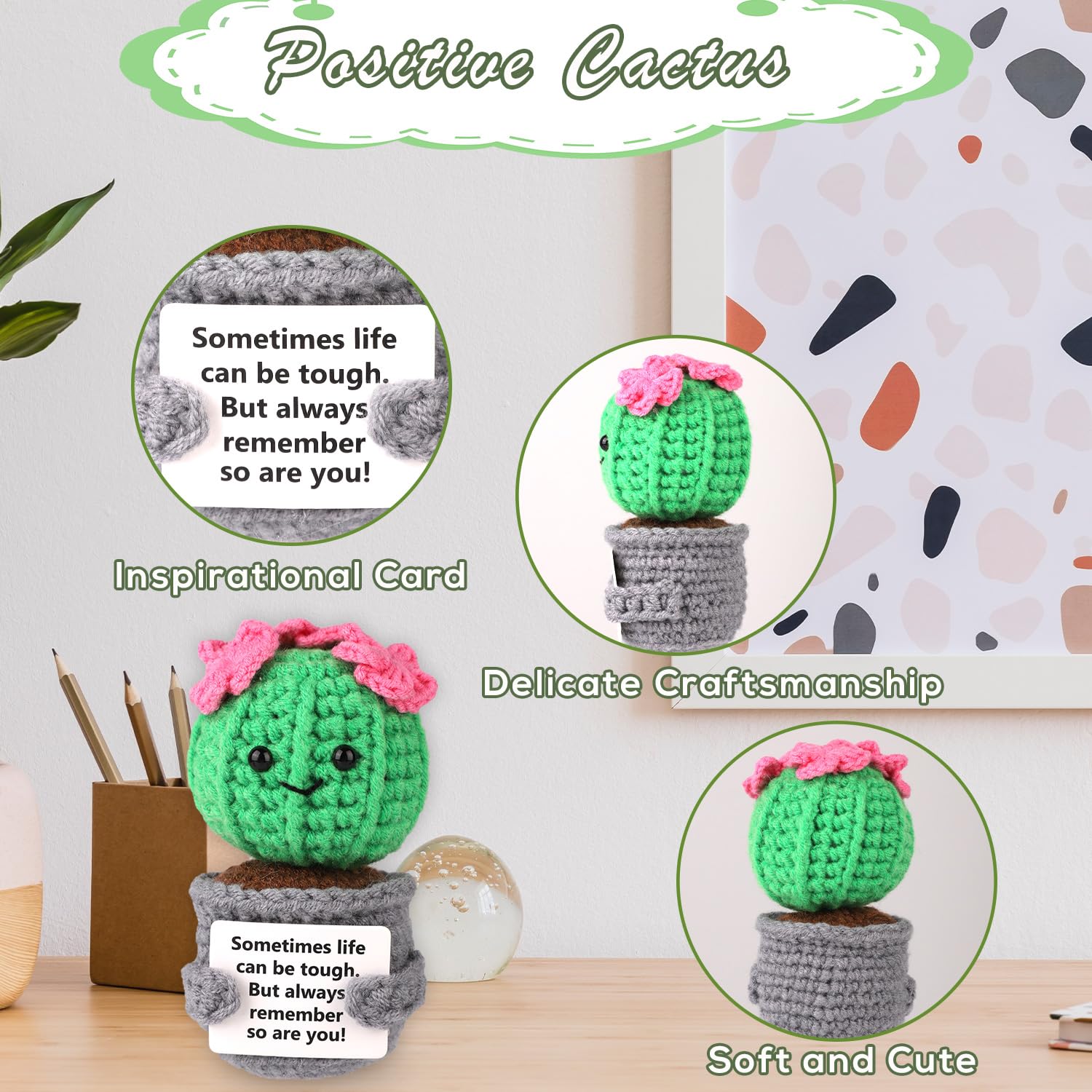Cactus En Fil Crocheté Rose - Plante Artificielle Faite Main, Pot Inclus, 14,5 Cm, Cadeau Déco Mignon - 4