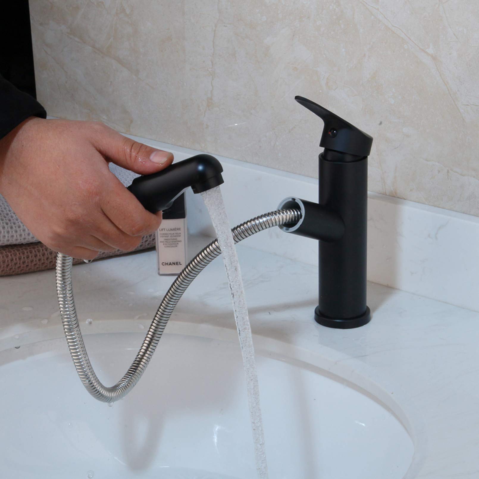 Robinet de lavabo chromé fini noir mat, mitigeur d'eau premium avec douchette haut de gamme