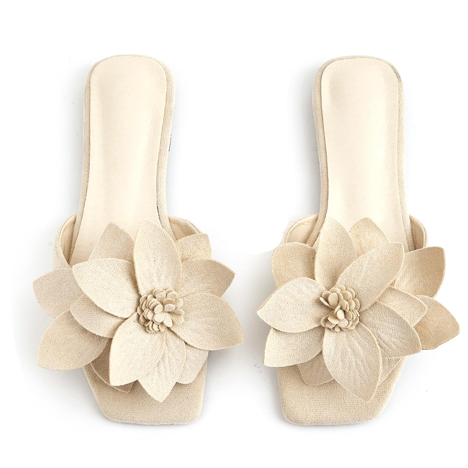 GHIBHNA Women'S Flower Flat Beach Slippers Fashionable Square Toe Open Toe Slip-On Casual Lightweight Flat Sandals Dressy Cute Vacation Slides Sandal