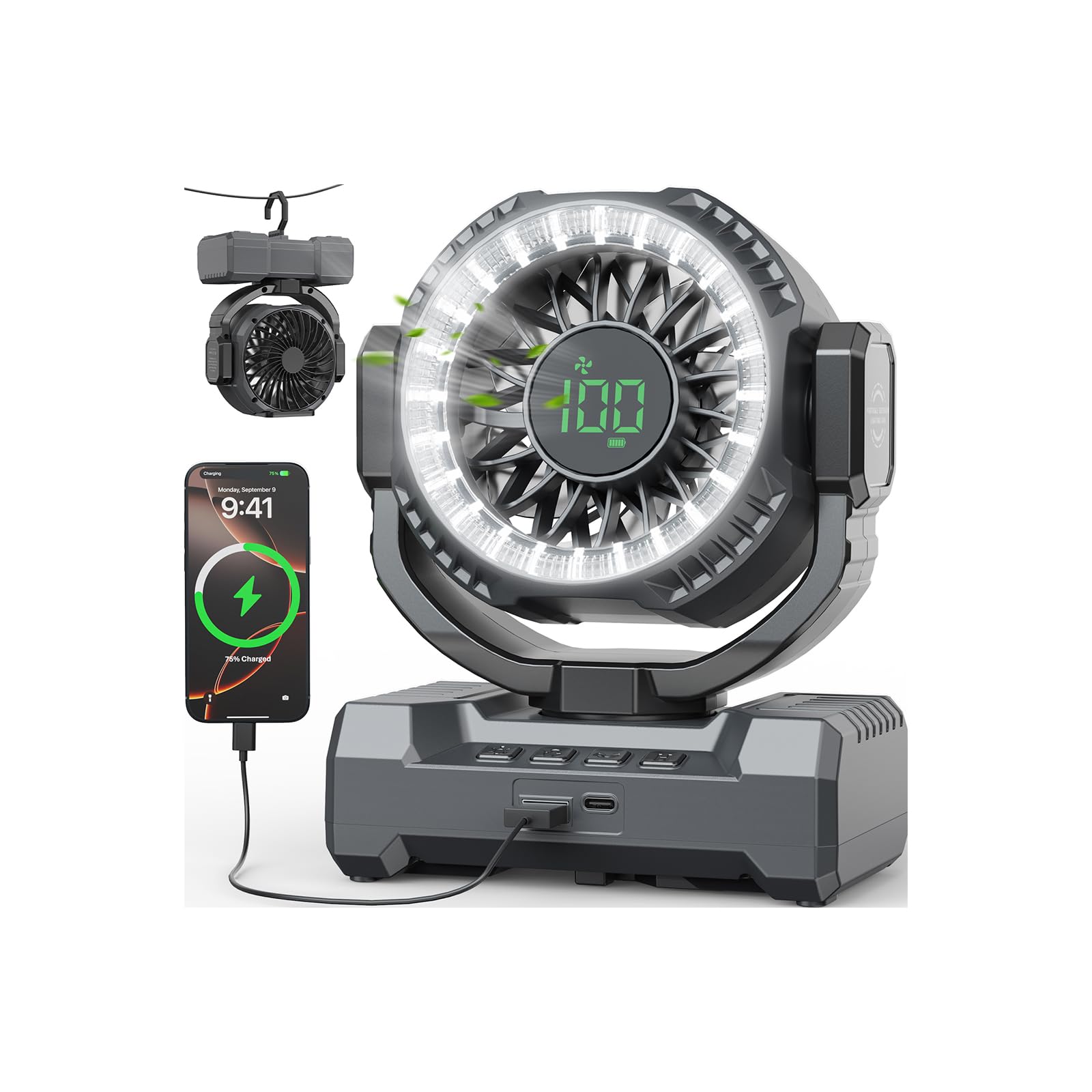 Photo 1 of 24000mAh Camping Fan, Portable Rechargeable Fan, Battery Powered Fan with LED Lantern & 120° Oscillation, Battery Operated Ventiladores for Travel, Tent, Fishing, Jobsite, Outdoor, Gifts for Men Dad