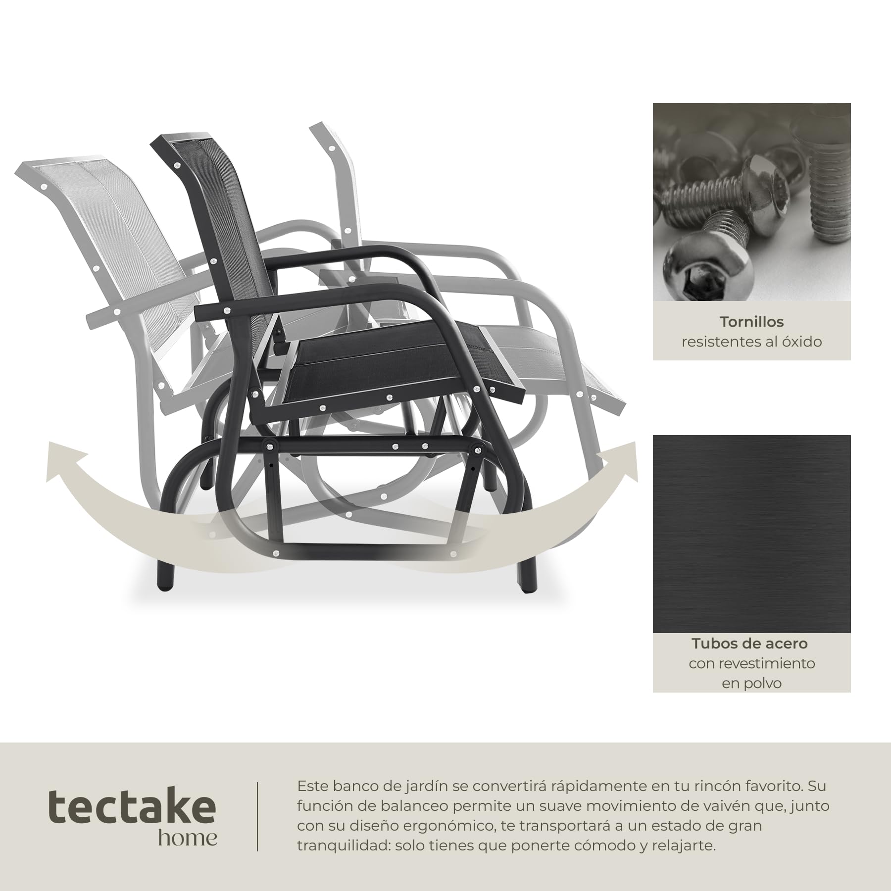 tectake® Balancín Jardín Banco, Estructura Acero Revestida, Sofa Exterior Duradero, Tumbona Jardín, Banco Terraza, Sillón Balancín, Montaje Sencillo, Muebles Jardin - Negro