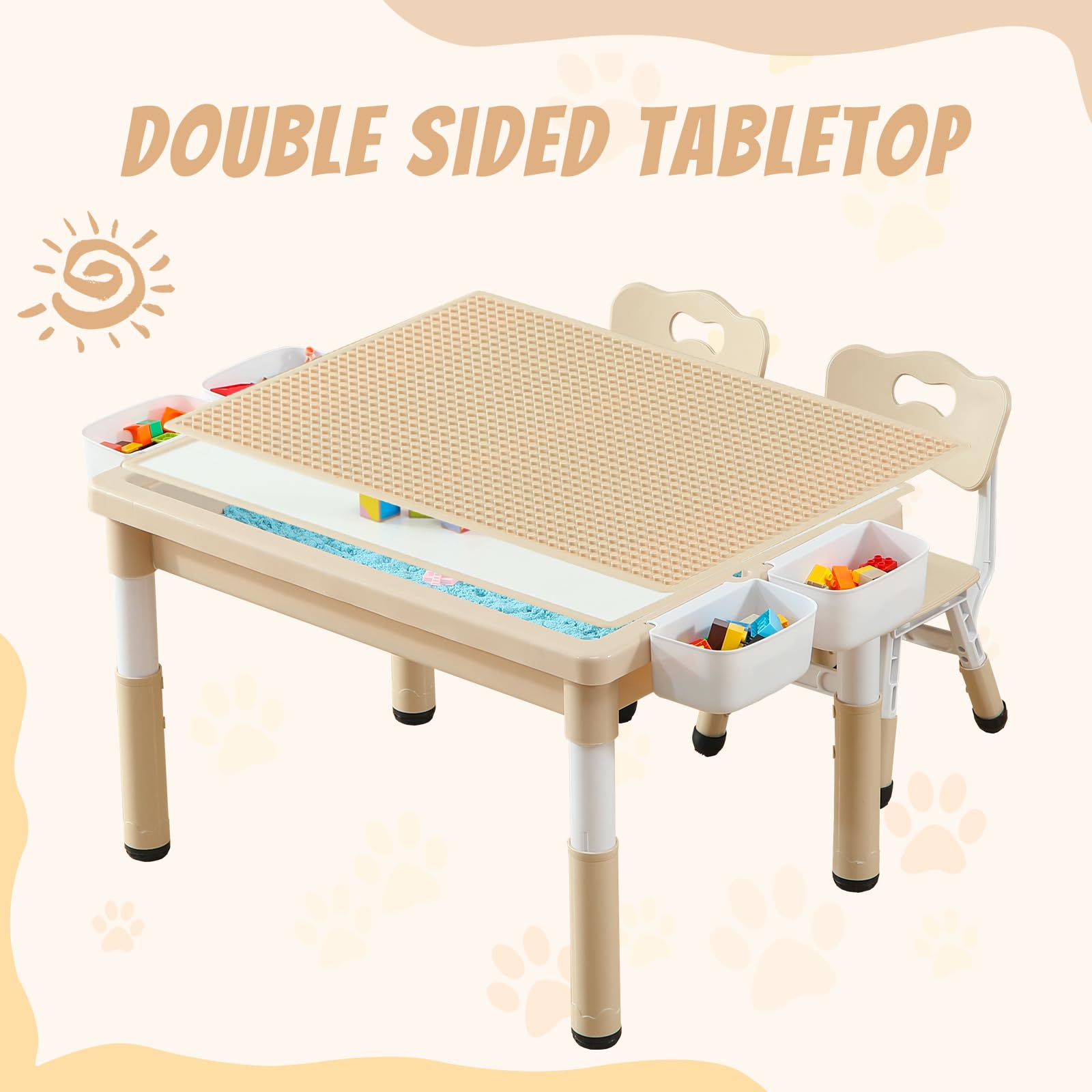 SINKIPA Multi Functional Kids Table and 2 Chairs Set, Graffiti & Building Blocks Double-Sided Tabletop, Toddler Play Table with Drawers, Large Storage Space, Gift for Boys/Girls, Burlywood