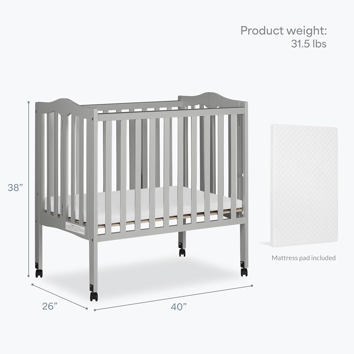 Dream On Me 2-in-1 Lightweight Folding Portable Stationary Side Crib in Pebble Grey, Greenguard Gold Certified, Baby Crib to Playpen, Folds Flat for Storage, Locking Wheels