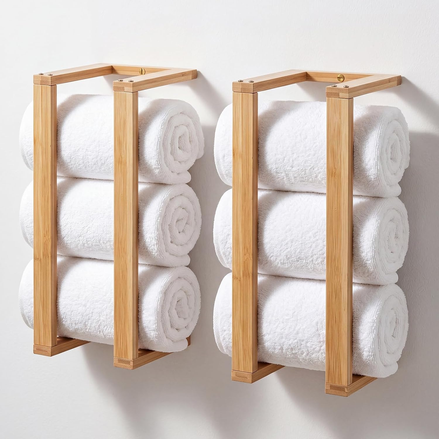 Gerrii 2 Pack Bamboo Towel Rack for Bathroom Wall Mounted, Natural Wooden Towel Shelf Holder for Rolled Towels, Bamboo Bathroom Accessories Organizer for Small Space Spa Storage Farmhouse Decor
