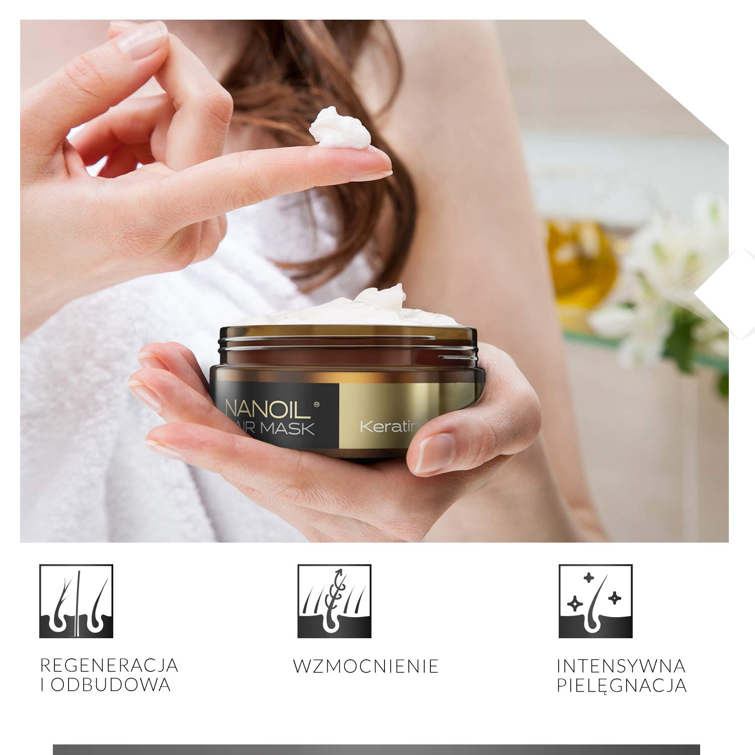 Maska do włosów Nanoil 300 ml - profesjonalna maska do włosów, nawilżająca, regenerująca do wlosow zniszczonych, suchych (Keratin)