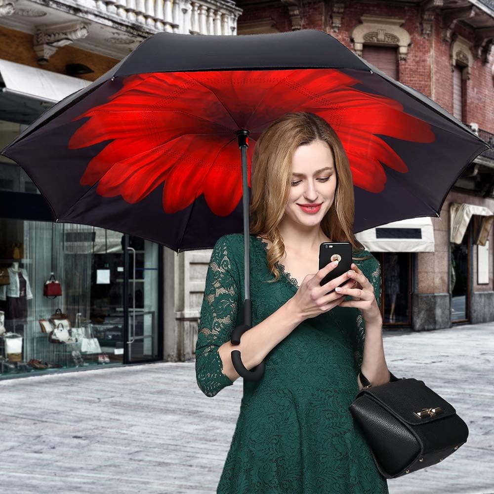 ZOMAKE Inverted Umbrella, Double Layer Reverse Umbrella Large Upside Down Umbrella with UV Protection, Windproof Inside Out Umbrella for Women with C-Shaped Handle
