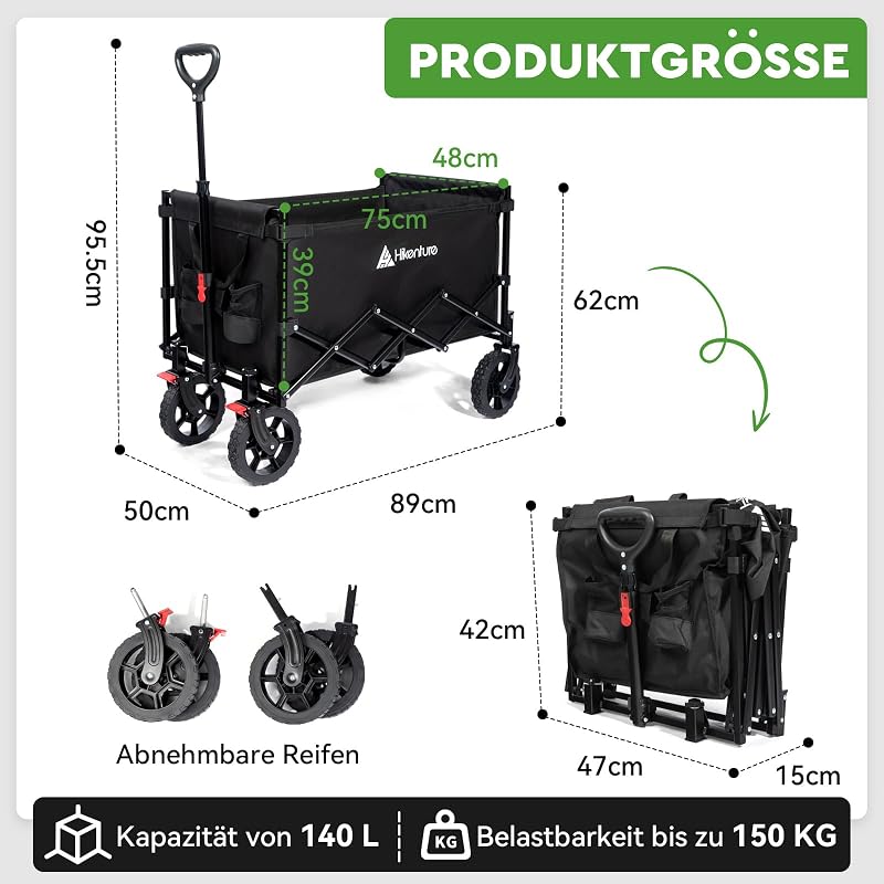 HIKENTURE összecsukható kézikocsi 140L 150kg teherbírás strand camping bevásárlás - Black