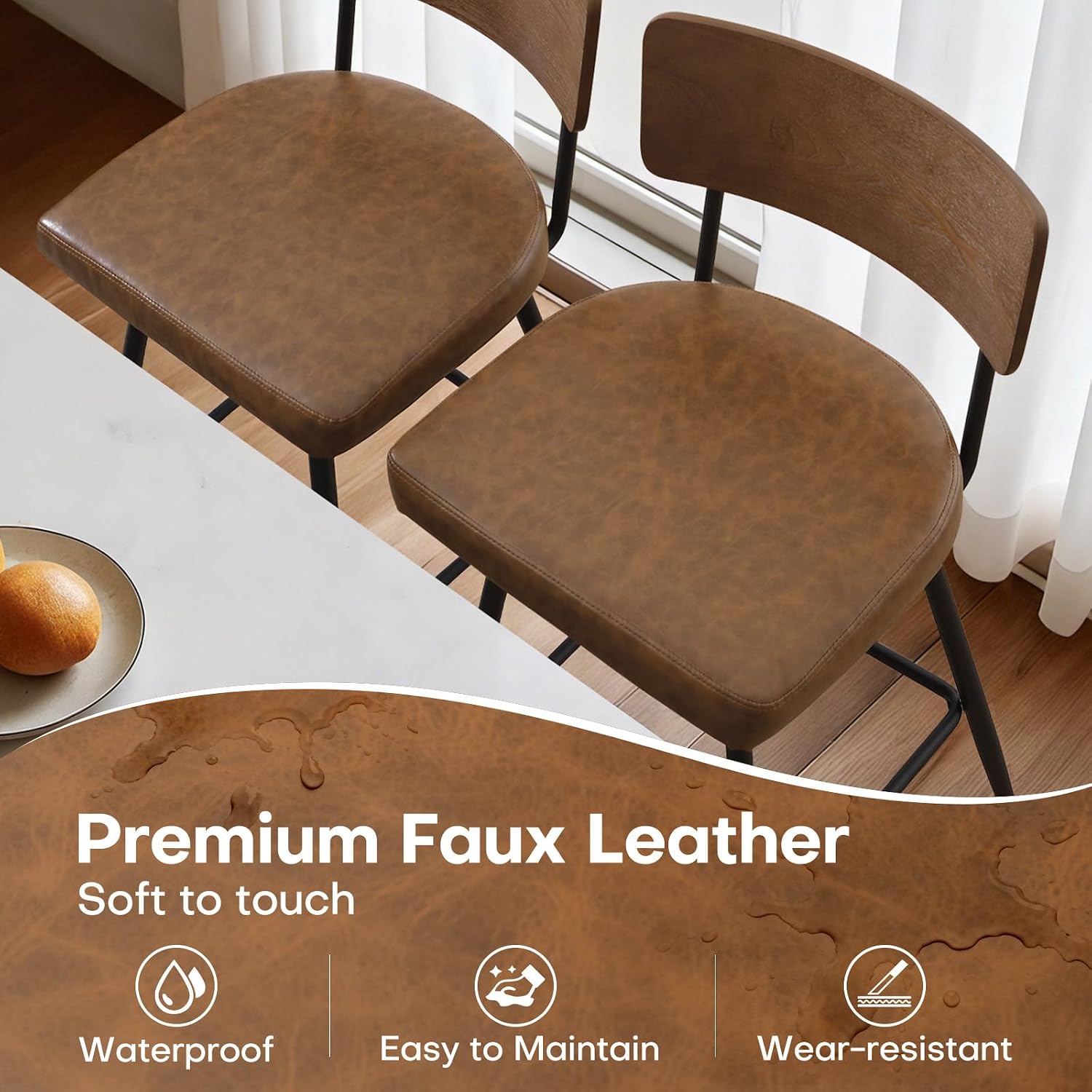 Swivel Bar Stools Set of 2, 26" Counter Height Stools with Wood Back, Faux Leather Upholstered Barstools with Metal Legs, Mid Century Modern Counter Stools for Kitchen Island, Brown