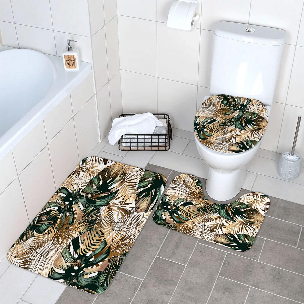Ansouyi 4Pcs Bathroom Shower Curtain Sets with Non-Slip Rugs, Toilet Lid Cover and Bath Mat, Emerald Green Gold Tropical Botanical Plant Waterproof Shower Curtain for Bathroom Set with 12 Hooks