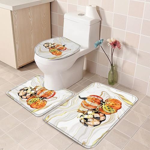 Miniatura 1 de Bathroom Rugs Sets 3 Piece Bath Mat,Thanksgiving Fall Farm Pumpkin on Marble Soft Non-Slip Bath Rug Set,Absorbent Shower Rugs Toilet Seat Cover