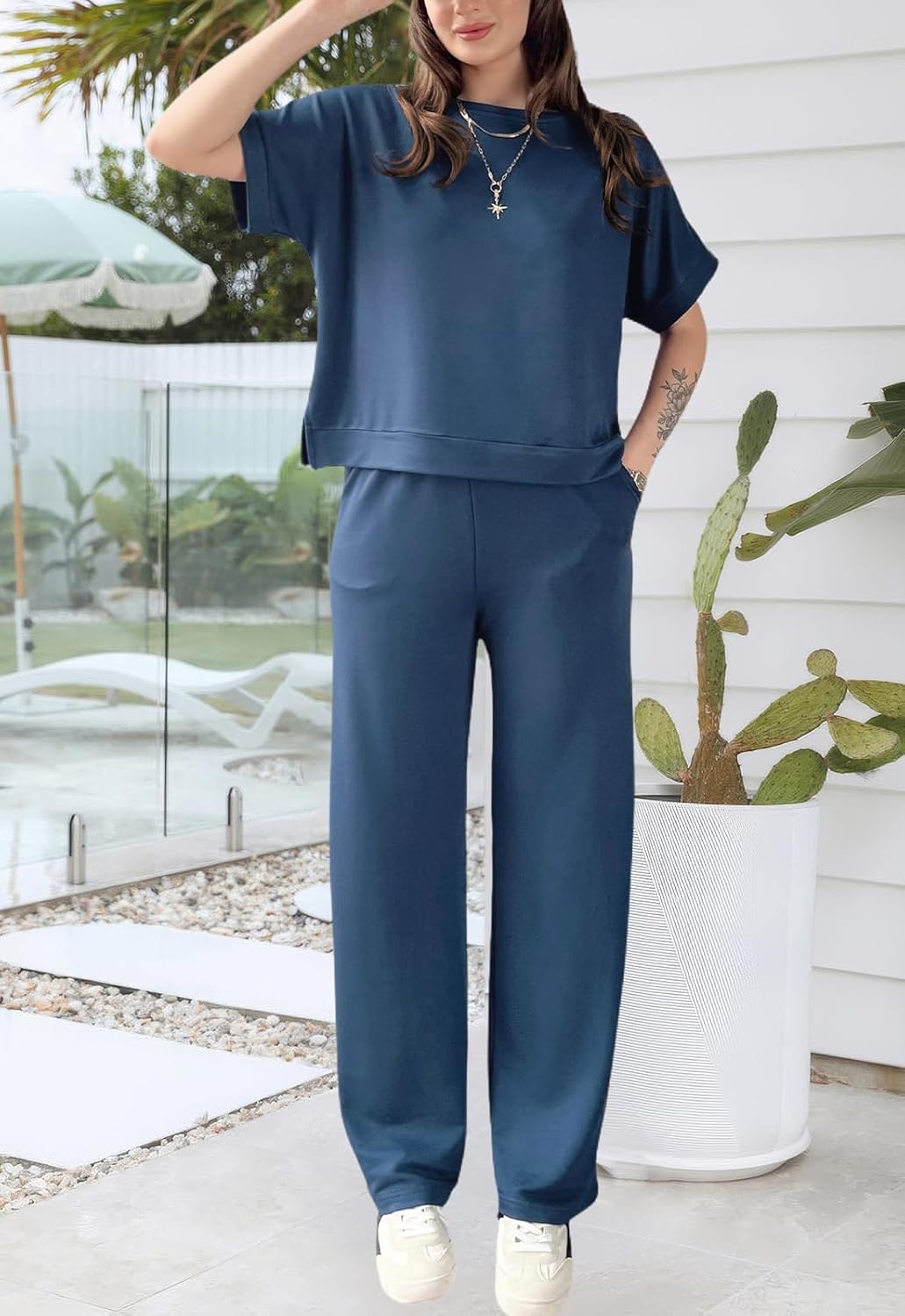 Women's 2 Piece Outfits Summer Casual Short Sleeve Pullover Tops Wide Leg Pants Sets Jumpsuits - Image 9